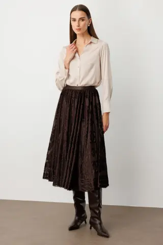 Ekol Kadife Geçişli Maxi Etek Kahverengi