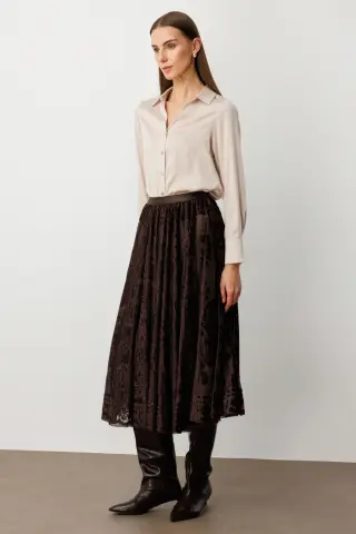 Ekol Kadife Geçişli Maxi Etek Kahverengi
