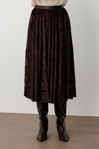 Ekol Kadife Geçişli Maxi Etek Kahverengi