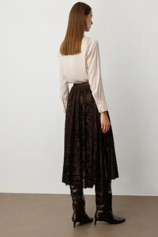 Ekol Kadife Geçişli Maxi Etek Kahverengi