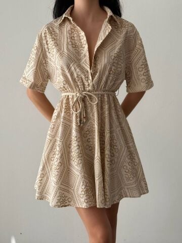 Quzu Etnik Desenli Düğmeli Gömlek Elbise Naturel