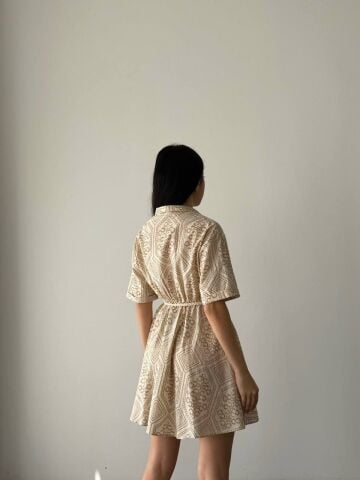 Quzu Etnik Desenli Düğmeli Gömlek Elbise Naturel