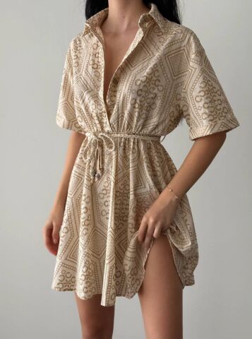Quzu Etnik Desenli Düğmeli Gömlek Elbise Naturel