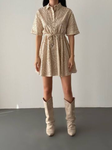 Quzu Etnik Desenli Düğmeli Gömlek Elbise Naturel