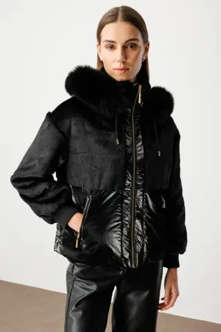 Ekol Parlak Kumaşlı Peluş Mont Siyah