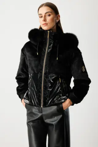 Ekol Parlak Kumaşlı Peluş Mont Siyah