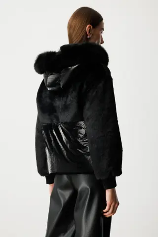 Ekol Parlak Kumaşlı Peluş Mont Siyah