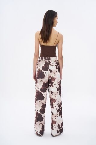 İnek Desenli Yüksek Bel Bol Paça Pantolon Kahverengi