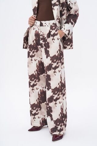 İnek Desenli Yüksek Bel Bol Paça Pantolon Kahverengi