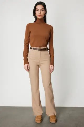 On Beli Kemerli İspanyol Paça Pantolon camel - L