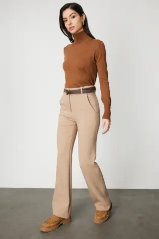 On Beli Kemerli İspanyol Paça Pantolon camel - XL