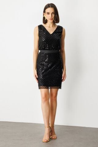 Ekol Pullu Boncuklu Mini Etek Siyah