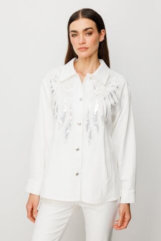 Ekol Çizgili Kot Ceket Ekru