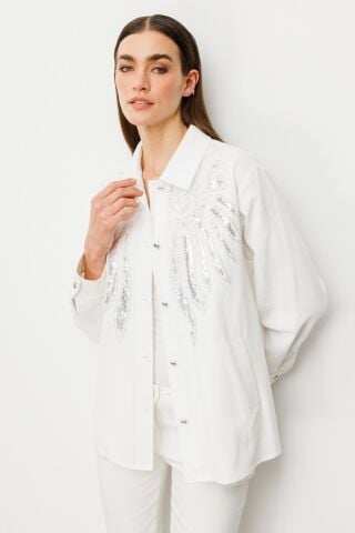 Ekol Çizgili Kot Ceket Ekru