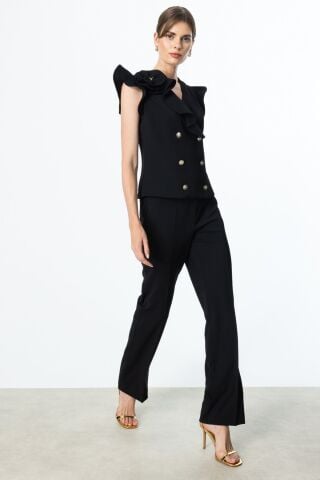 Ekol Siyah Bol Paça Pantolon & Gül Motifli Sıfır Kollu Blazer Takım