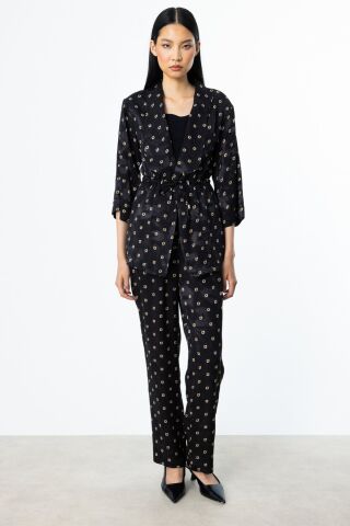 Ekol Siyah Desenli Bağcıklı Ceket & Beli Lastikli Pantolon Takım