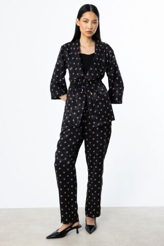 Ekol Siyah Desenli Bağcıklı Ceket & Beli Lastikli Pantolon Takım