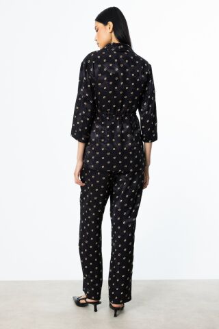 Ekol Siyah Desenli Bağcıklı Ceket & Beli Lastikli Pantolon Takım