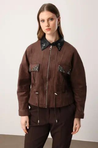 On Cepleri Taş Detaylı Süet Mont Kahve