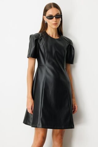 Ekol Kısa Kollu Deri Elbise Siyah