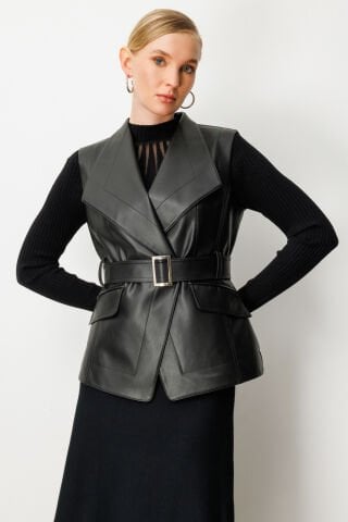 Ekol Beli Kemerli Deri Yelek Siyah