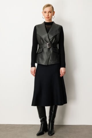 Ekol Beli Kemerli Deri Yelek Siyah