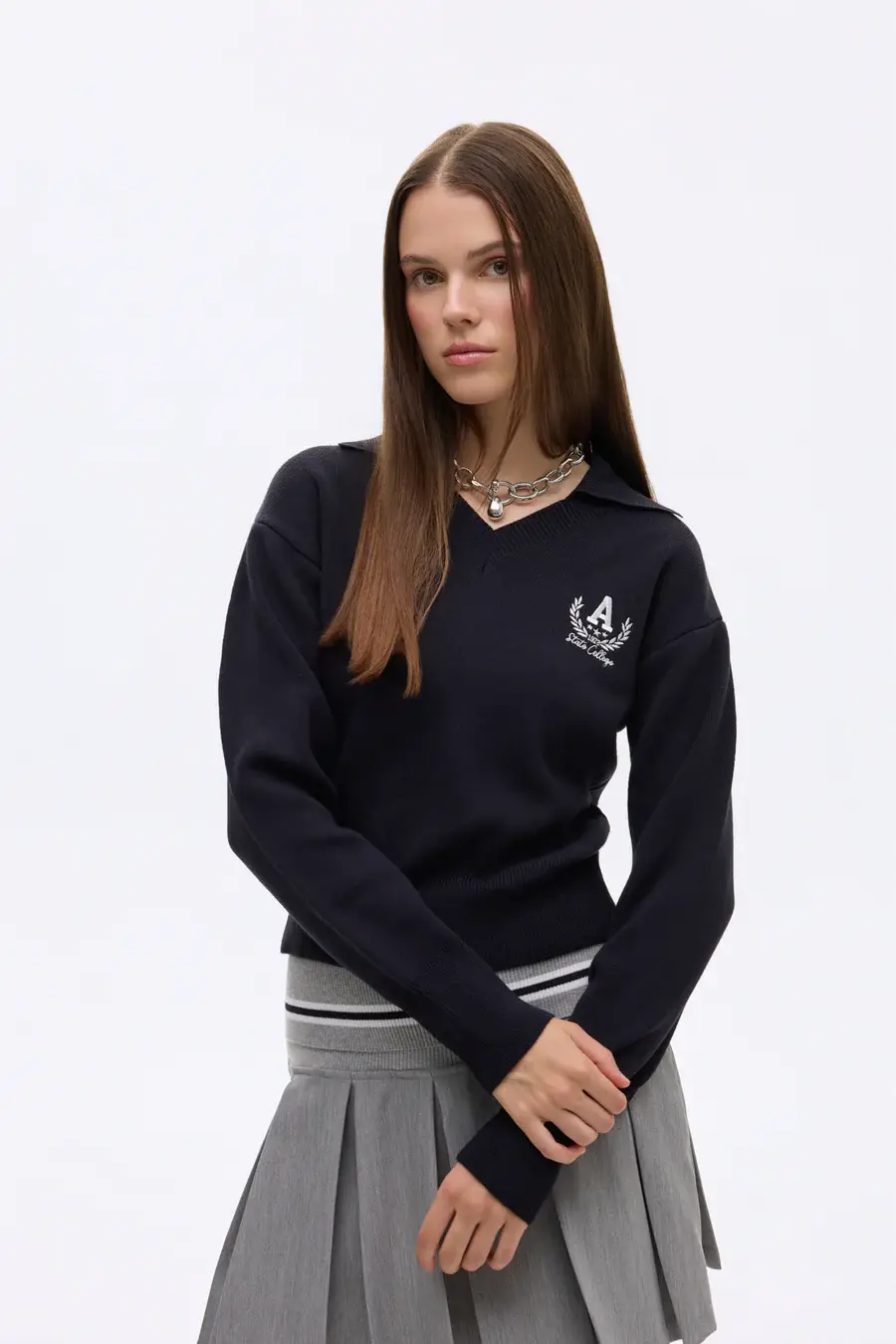 Arma Nakışlı Gömlek Yaka Triko Kazak Lacivert