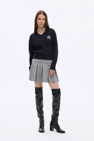 Arma Nakışlı Gömlek Yaka Triko Kazak Lacivert