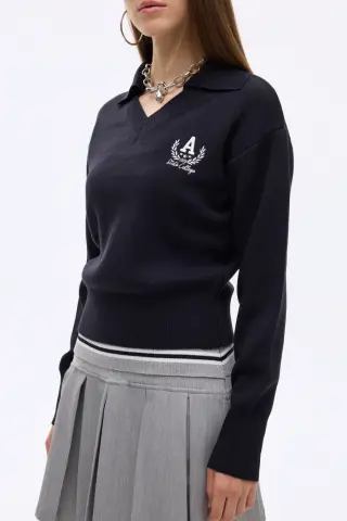 Arma Nakışlı Gömlek Yaka Triko Kazak Lacivert