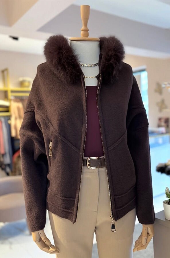 On Fashion Kürk Kapüşonlu Fermuar Detaylı Hırka M - KAHVERENGİ
