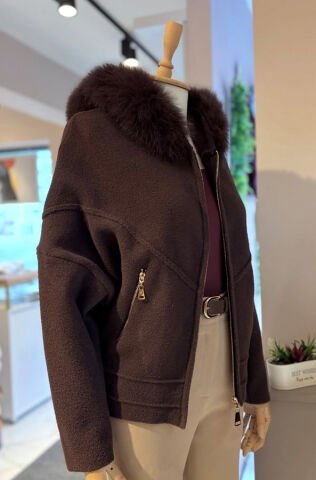 On Fashion Kürk Kapüşonlu Fermuar Detaylı Hırka L - KAHVERENGİ