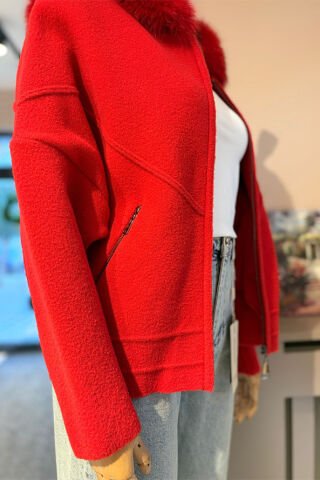 On Fashion Kürk Kapüşonlu Fermuar Detaylı Hırka kırmızı - S