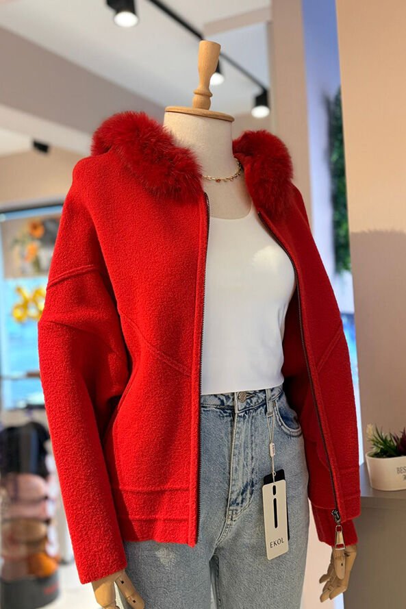 On Fashion Kürk Kapüşonlu Fermuar Detaylı Hırka kırmızı - S