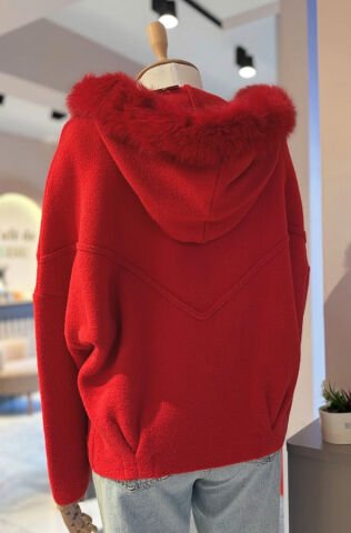 On Fashion Kürk Kapüşonlu Fermuar Detaylı Hırka kırmızı - L