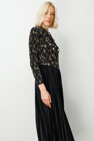 Ekol Eteği Piliseli Düğme Detaylı Elbise Siyah