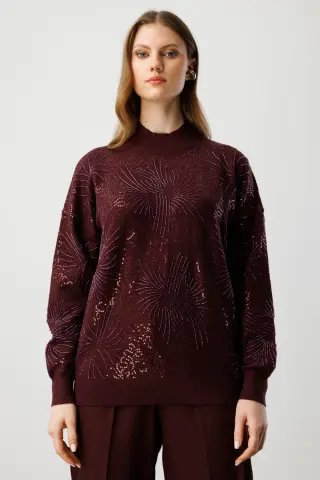 On Taşlı Dik Yaka Triko Kazak BORDO - M