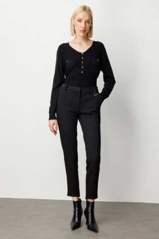 Ekol Beli Lastikli Simli Kumaş Pantolon Siyah