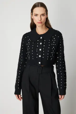 On Taşlı Crop Hırka Siyah