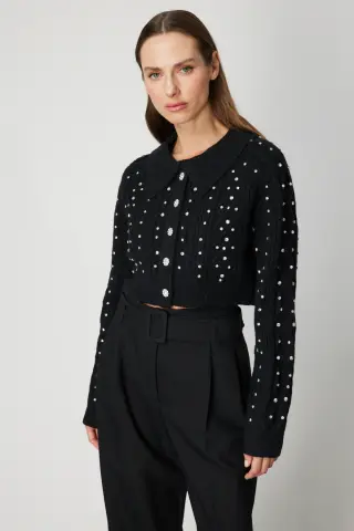 On Taşlı Crop Hırka Siyah