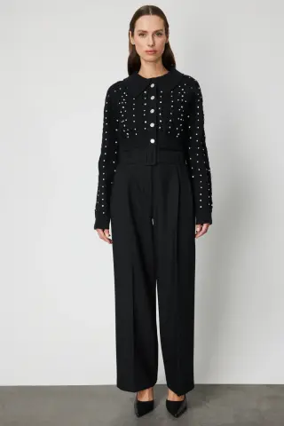 On Taşlı Crop Hırka Siyah