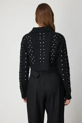 On Taşlı Crop Hırka Siyah