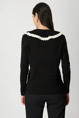 On Yakası Aksesuarlı Düğmeli Triko Kazak