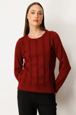 On Sıfır Yaka Püskül Detaylı Triko Kazak Bordo