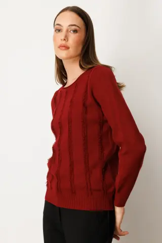 On Sıfır Yaka Püskül Detaylı Triko Kazak Bordo