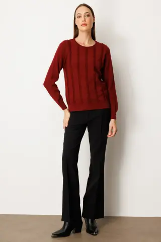 On Sıfır Yaka Püskül Detaylı Triko Kazak Bordo