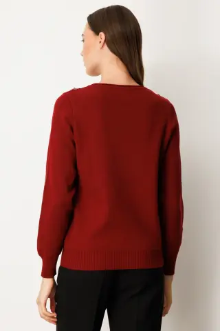 On Sıfır Yaka Püskül Detaylı Triko Kazak Bordo