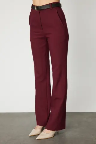 On Beli Kemerli İspanyol Paça Pantolon BORDO - S