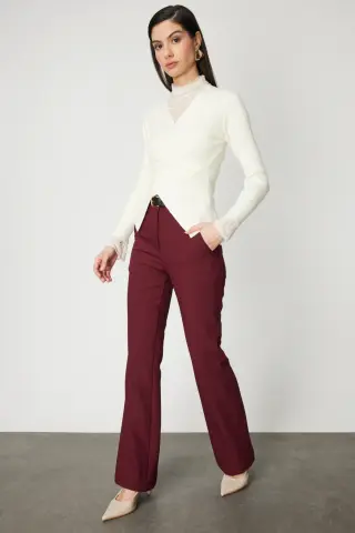 On Beli Kemerli İspanyol Paça Pantolon BORDO - L
