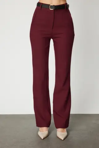 On Beli Kemerli İspanyol Paça Pantolon BORDO - L