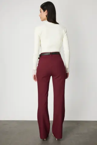 On Beli Kemerli İspanyol Paça Pantolon BORDO - L